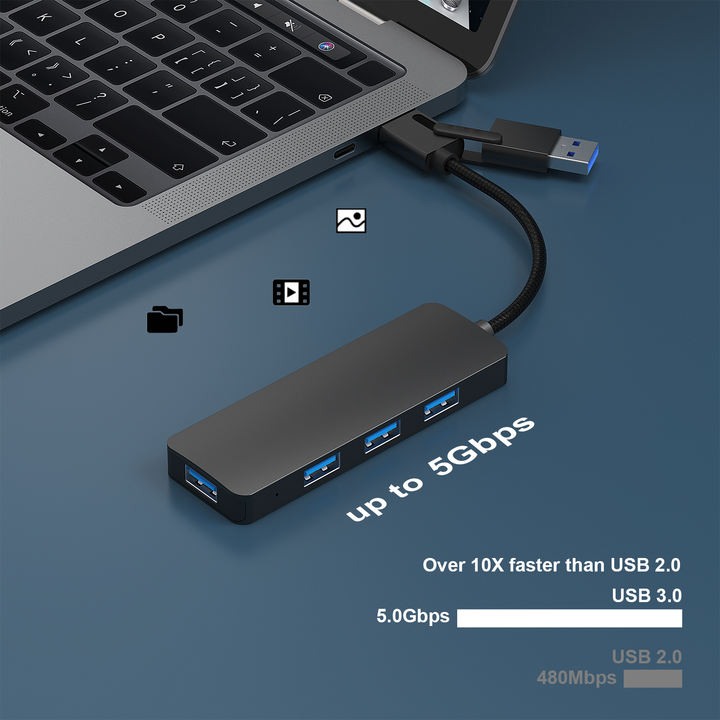 Customize USB 3.0 Hub 4 Port USB Type-C/Type-A 2 in1 Ultra-Slim Hub aluminium alloy casing Braided nylon cable Efficient Manufacturing