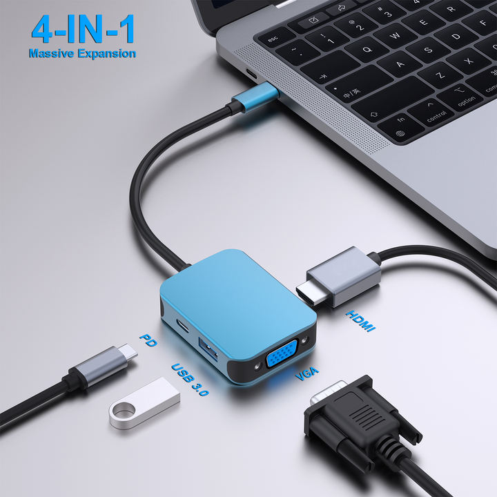 Customize USB C HUB 4 in1 Multiport Adapter with USB C to HDMI VGA USB 3.0 and 60W Power Delivery OEM Manufacturer
