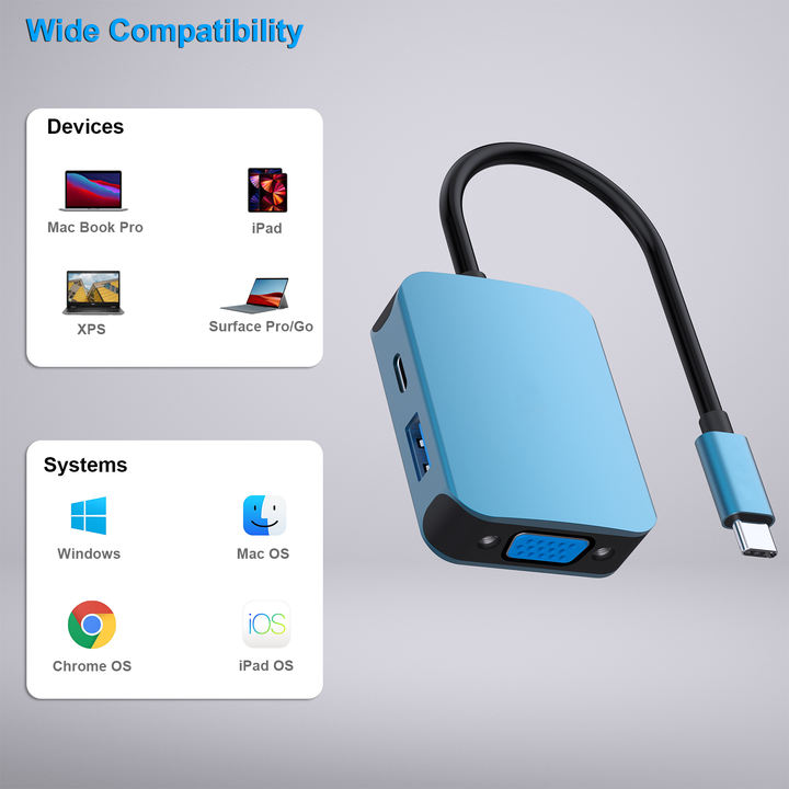 Customize USB C HUB 4 in1 Multiport Adapter with USB C to HDMI VGA USB 3.0 and 60W Power Delivery OEM Manufacturer