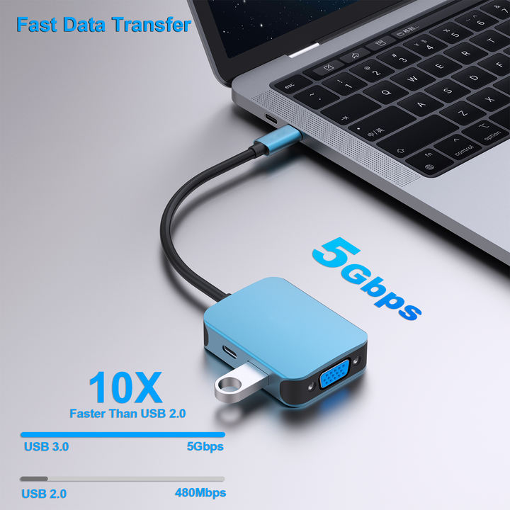 Customize USB C HUB 4 in1 Multiport Adapter with USB C to HDMI VGA USB 3.0 and 60W Power Delivery OEM Manufacturer