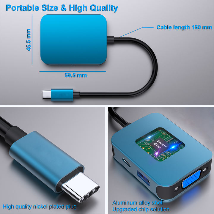 Customize USB C HUB 4 in1 Multiport Adapter with USB C to HDMI VGA USB 3.0 and 60W Power Delivery OEM Manufacturer