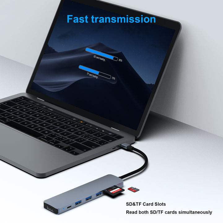 Customize USB C HUB 7 in 1 Multiport hub with USB-C to HDMI 4K@60Hz SD/TF Card Reader/3*USB 3.0/100W Power Delivery Charge Production Facility Export