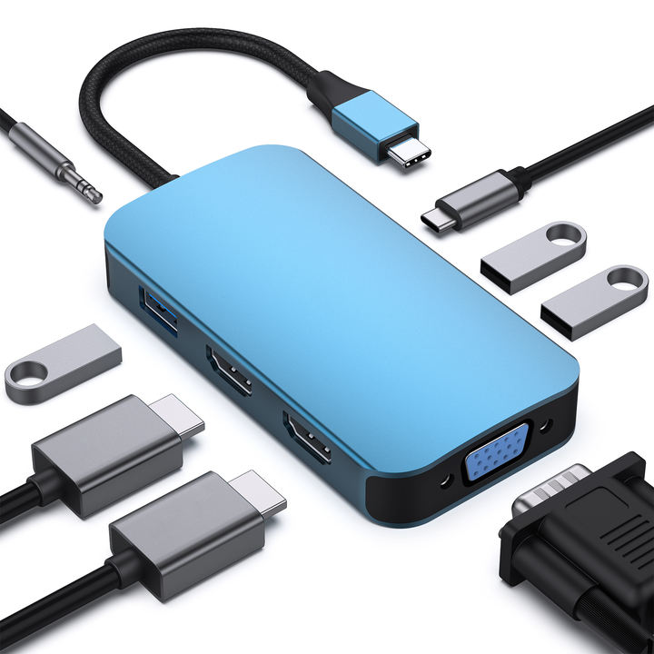 Customize USB C MST HUB 8 in1 with 2*HDMI/1*VGA, 3*USB 3.0/100W Power Delivery/3.5mm Aux Audio, Compatible with iPhone 15 Affordable Factory Pricing
