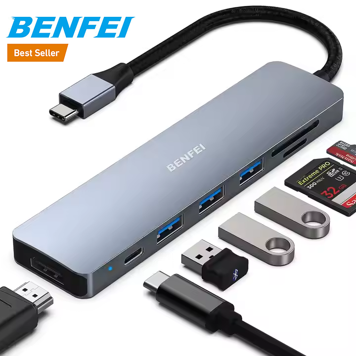 Hot Sale USB C HUB 7 in 1 Multiport hub with USB-C to HDMI 4K 60Hz SD/TF Card Reader/3xUSB 3.0/100W Power Delivery Charge Low-Cost Manufacturing Efficiency