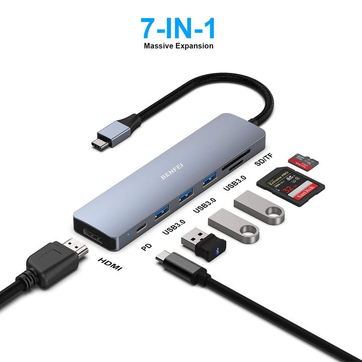 USB C HUB 7 in 1 Multiport hub with USB-C to HDMI 4K@60Hz SD/TF Card Reader/3*USB 3.0/100W Power Delivery Charge