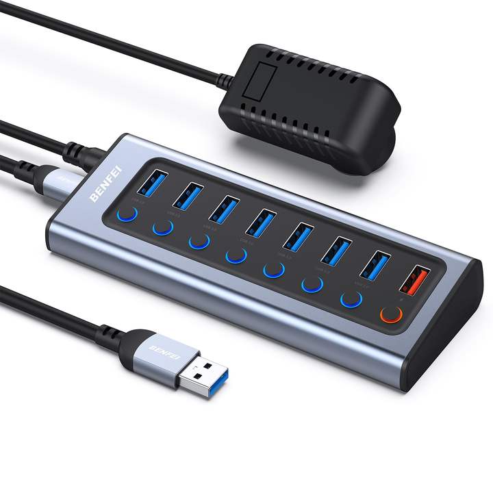 USB Hub with Power Supply, 8-Port USB Splitter Hub 7 Data Transfer Ports 1 Smart Charging Port with Individual On/Off Switches Mass Wholesale Custom Solutions