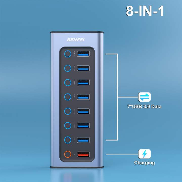 USB Hub with Power Supply, 8-Port USB Splitter Hub 7 Data Transfer Ports 1 Smart Charging Port with Individual On/Off Switches Mass Wholesale Custom Solutions