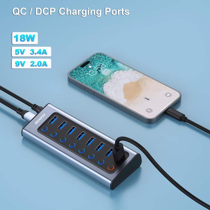 USB Hub with Power Supply, 8-Port USB Splitter Hub 7 Data Transfer Ports 1 Smart Charging Port with Individual On/Off Switches Mass Wholesale Custom Solutions