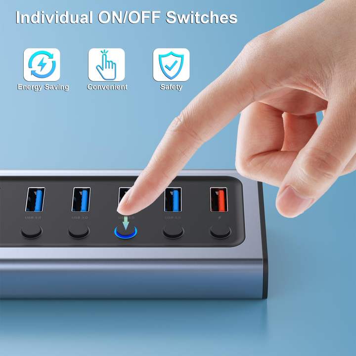 USB Hub with Power Supply, 8-Port USB Splitter Hub 7 Data Transfer Ports 1 Smart Charging Port with Individual On/Off Switches Mass Wholesale Custom Solutions