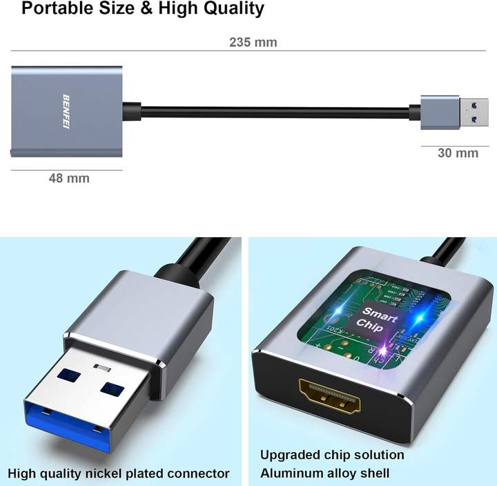 BENFEI USB 3.0 to HDMI Adapter, Male to Female Adapter for Win11, Win10, Win8.1, Win8, Win7(Not for Mac) B2B Factory Pricing