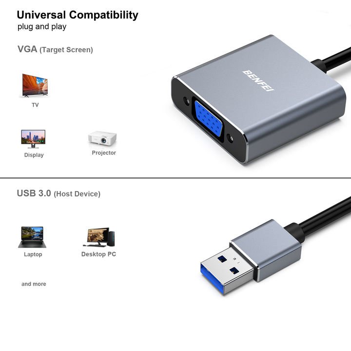 BENFEI USB 3.0 to VGA Adapter, USB 3.0 to VGA Male to Female Adapter for Win11, Win10, Win8.1, Win8, Win7(Not for Mac)