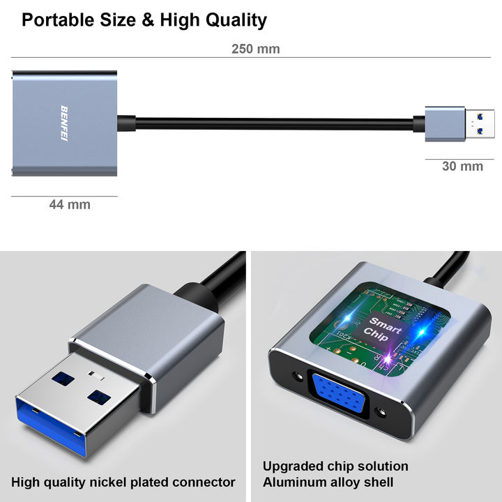 BENFEI USB 3.0 to VGA Adapter, USB 3.0 to VGA Male to Female Adapter for Win11, Win10, Win8.1, Win8, Win7(Not for Mac)