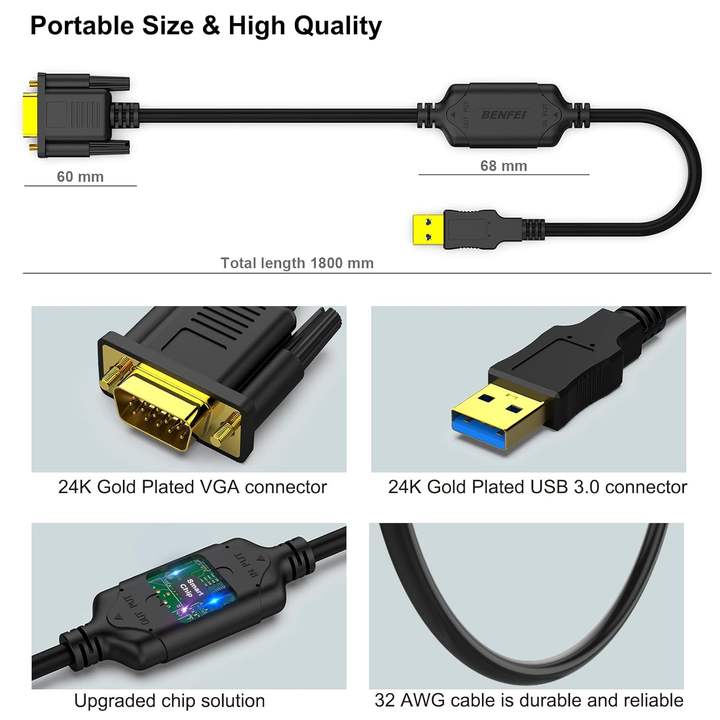 BENFEI USB 3.0 to VGA Cable 1.8 Meter Male to Male for Win11, Win10, Win8.1, Win8, Win7(Not for Mac) High-Volume Manufacturing Trade