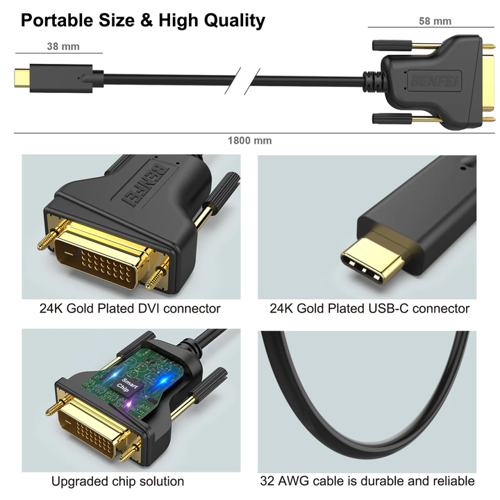 BENFEI USB C to DVI 0.9 Meter Cable, USB Type-C to VGA Cable Thunderbolt 3/4 Compatible