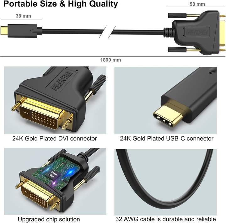 BENFEI USB C to DVI 1.8 Meter Cable USB Type-C to VGA Cable Thunderbolt 3/4 Compatible Global Wholesale Market
