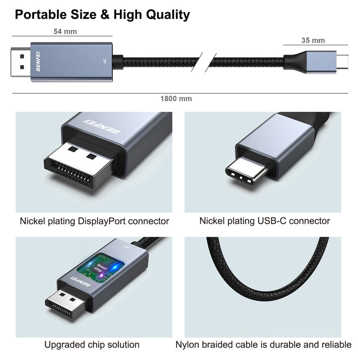 BENFEI USB-C to DisplayPort 1.8 Meter Cable(4K@60Hz 2K@144Hz), USB Type-C to DisplayPort Cable Thunderbolt 3/4 Compatible