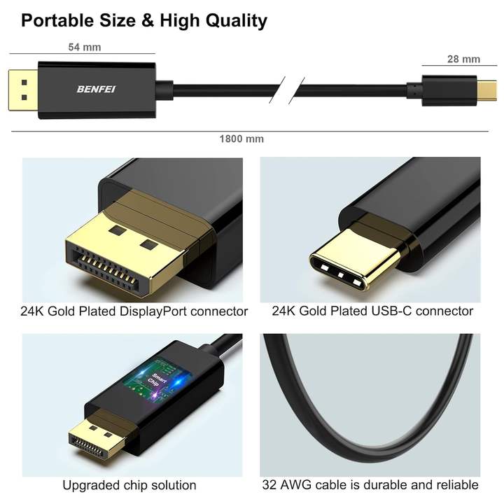 BENFEI USB C to DisplayPort 1.8 Meter Cable(4K@60Hz 2K@144Hz), USB Type-C to DP Adapter Thunderbolt 3/4 Compatible Manufacturing and Export Services