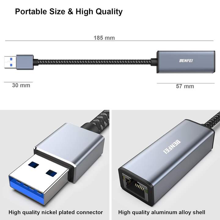 BENFEI USB C to Ethernet Adapter USB 3.0 to 1000 Mbps Gigabit Ethernet LAN Network Adapter Braided Nylon Cable Aluminum Case