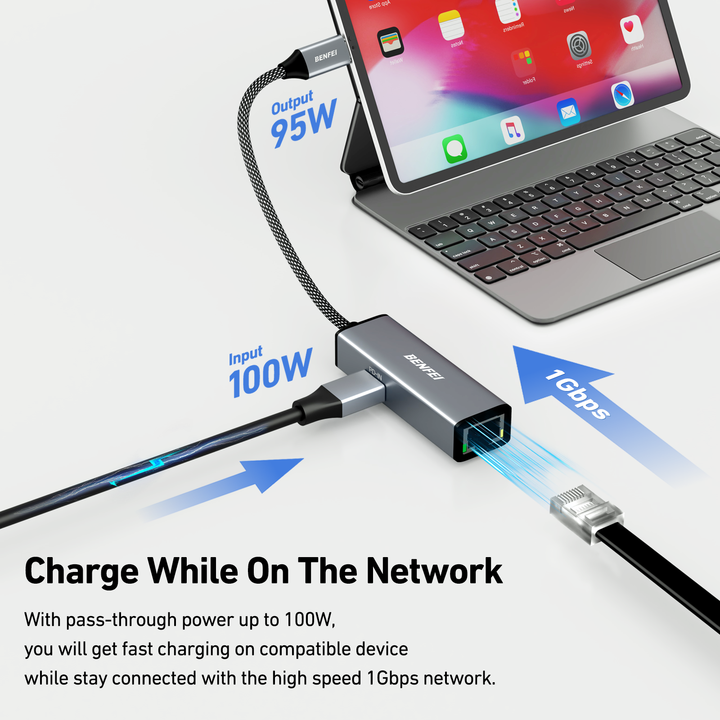 BENFEI USB-C to Ethernet Gigabit Adapter with 100W Power Delivery, Thunderbolt 3/4 to RJ45 Ethernet LAN Network Adapter China Factory Direct Export