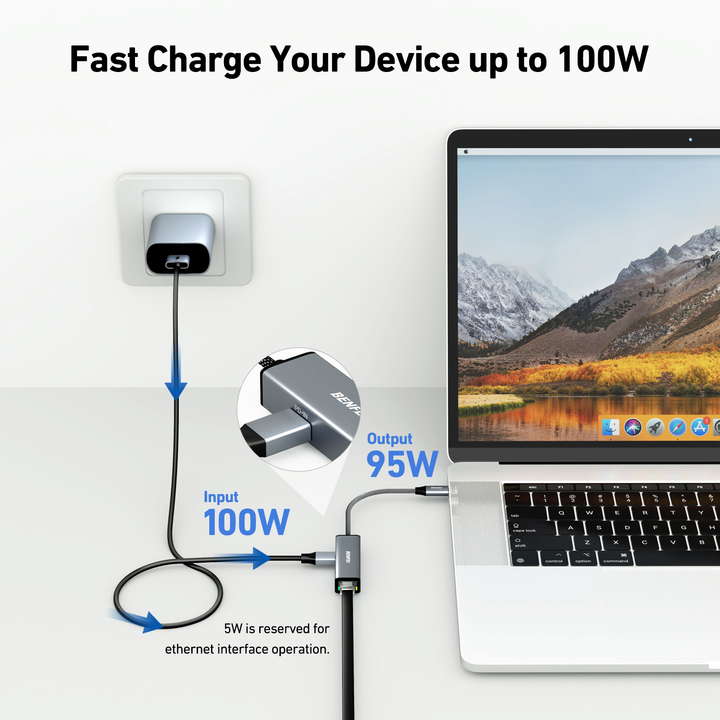 BENFEI USB-C to Ethernet Gigabit Adapter with 100W Power Delivery, Thunderbolt 3/4 to RJ45 Ethernet LAN Network Adapter China Factory Direct Export