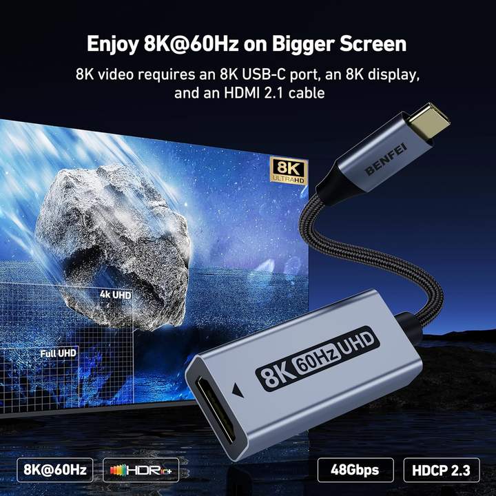 BENFEI USB C to HDMI 2.1 Adapter (8K@60Hz, 4K@240Hz, Aluminum Shell, Nylon Braided) Compatible with iPhone 15/16 Pro/Max Factory to Consumer Hub