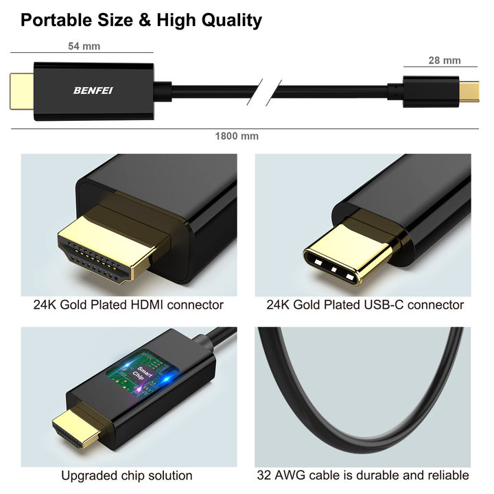 BENFEI USB C to HDMI  Cable, 4K 1.8 Meter USB Type-C to HDMI Cable, Thunderbolt 3/4 Compatible