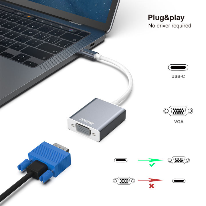 BENFEI USB C to VGA Adapter, Thunderbolt 3/4 to VGA Adapter Aluminium Square Case