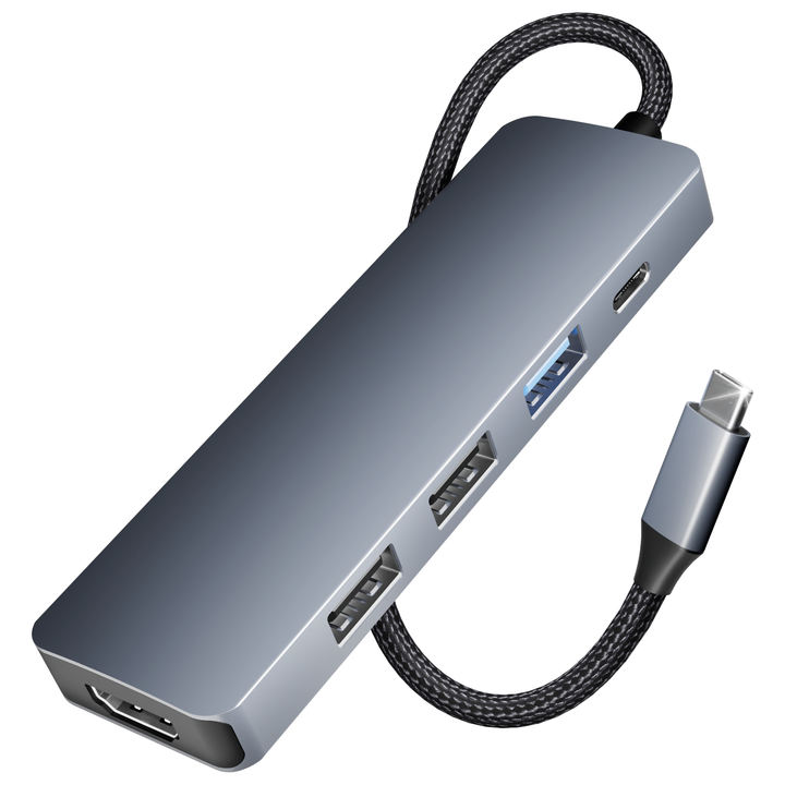 Customize 5in1 USB C Hub with 4K HDM I , 3 USB-A, 100W Power Delivery, Silicone and Woven Design Cable, Aluminum Case Mass Production