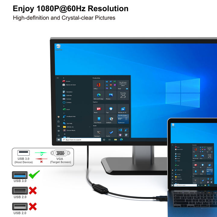 Customize USB 3.0 to VGA Cable 1.8 Meter Male to Male for Win11, Win10, Win8.1, Win8, Win7(Not for Mac) China Production Hub