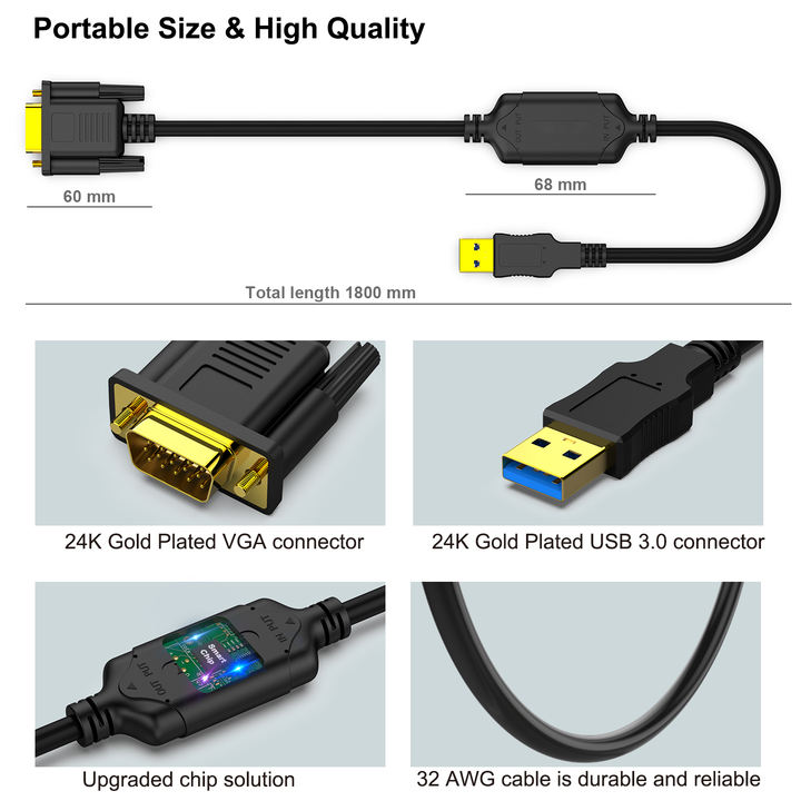 Customize USB 3.0 to VGA Cable 1.8 Meter Male to Male for Win11, Win10, Win8.1, Win8, Win7(Not for Mac) China Production Hub