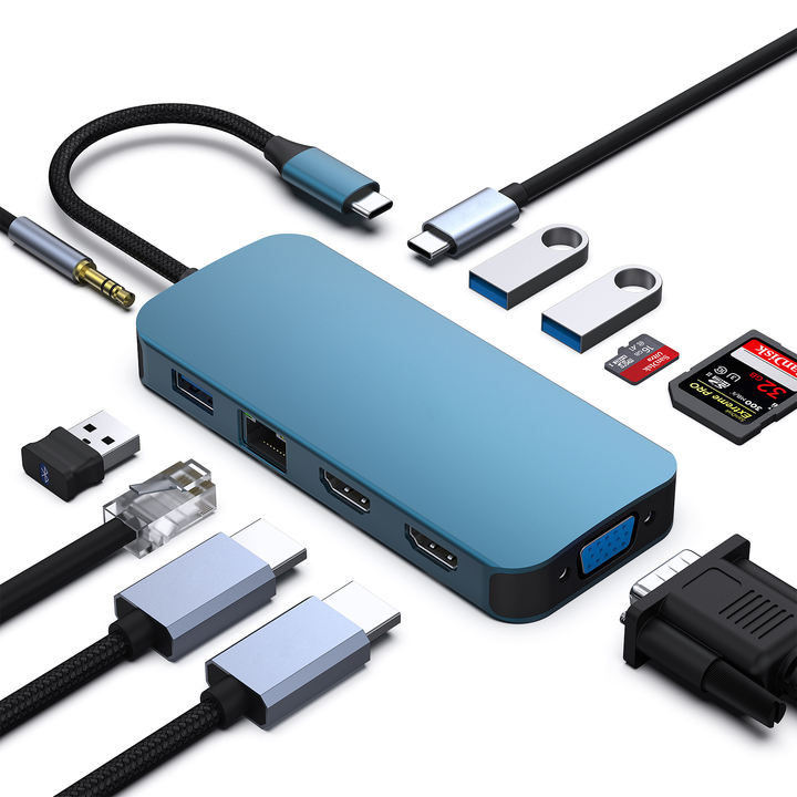 Customize USB C Hub 11 in 1.MST Docking Station with 2*HDM I/1*VGA, 3*USB 3.0/SD/TF Card Reader/Ethernet/100W PD/3.5mm Wholesale Factory Bulk Orders
