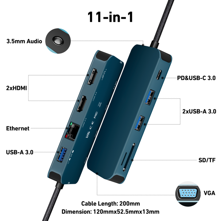 Customize USB C Hub 11 in 1.MST Docking Station with 2*HDM I/1*VGA, 3*USB 3.0/SD/TF Card Reader/Ethernet/100W PD/3.5mm Wholesale Factory Bulk Orders