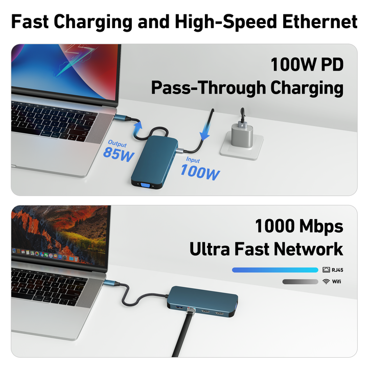 Customize USB C Hub 11 in 1.MST Docking Station with 2*HDM I/1*VGA, 3*USB 3.0/SD/TF Card Reader/Ethernet/100W PD/3.5mm Wholesale Factory Bulk Orders