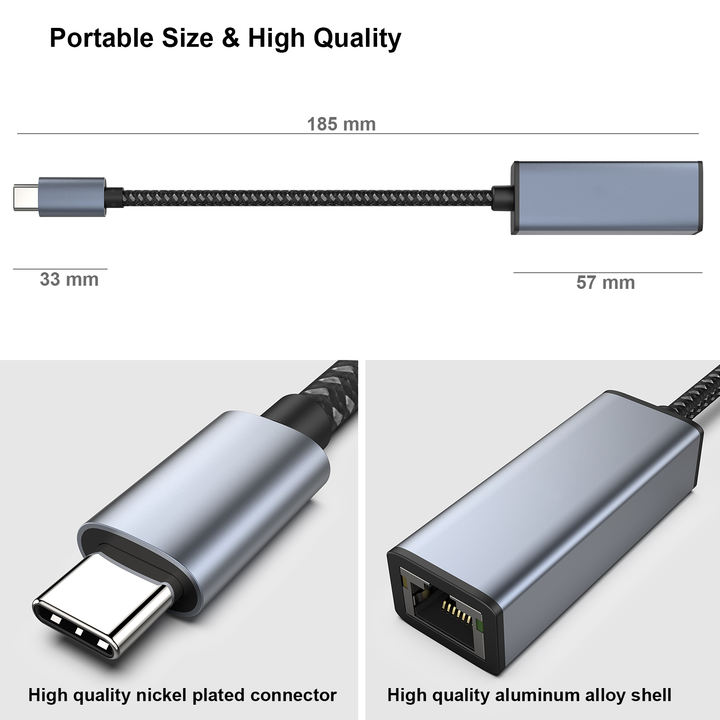 Customize USB-C to Ethernet Adapter, type c to RJ45 Gigabit 1000Mbps Ethernet LAN Adapter Braided nylon cable aluminum case Discount Factory Services