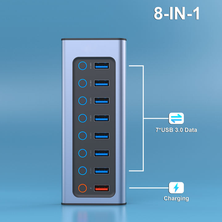 Customize USB Hub with Power Supply  8-Port USB Splitter Hub 7 Data Transfer Ports 1 Smart Charging Port