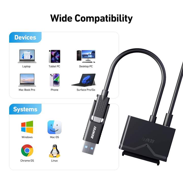 BENFEI SATA to USB 3.0 Cable, USB 3.0 to SATA III Hard Drive Adapter Compatible for 2.5 3.5 Inch HDD/SSD Hard Drive Disk with 12