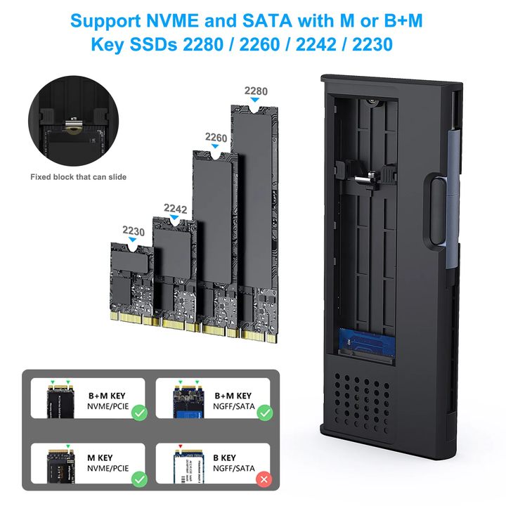 BENFEI 10 Gbps USB Type-C/Type-A to NVME PCI-E SATA M-Key/(B+M) Key M.2 NVME SATA SSD Enclosure