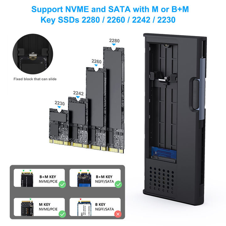 Customize M.2 NVME SATA SSD Enclosure, 10 Gbps USB Type-C/Type-A to NVME PCI-E SATA M-Key/(B+M) Key Solid State Drive Enclosure Large-Scale Manufacturing