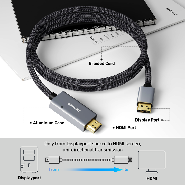 BENFEI DisplayPort to HD-MI 1.8 Meter Cable, Aluminum Case Nylon Cable, Uni-Directional DP to HD-MI Cable