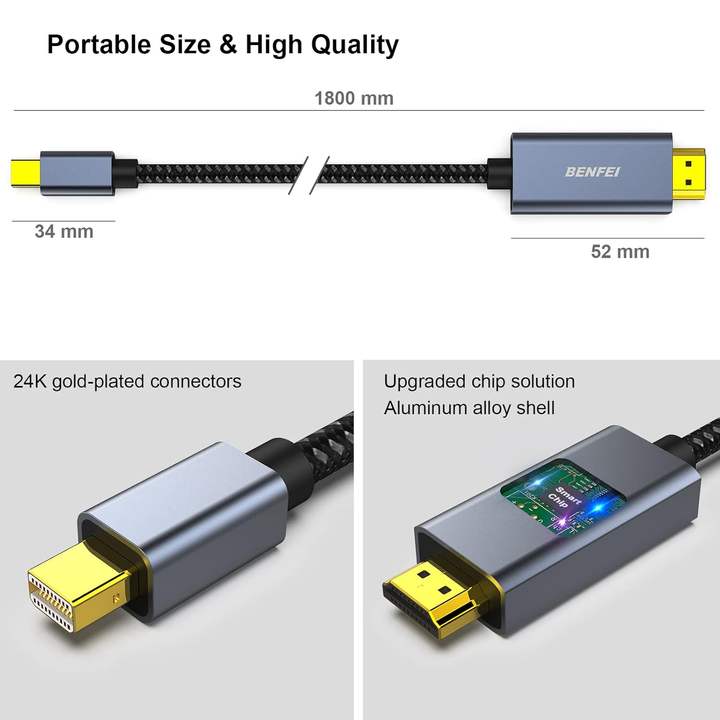 BENFEI Mini DisplayPort to HDMI 0.9 Meter Cable 4K@30Hz, Aluminum Shell, Nylon Braided China Manufacturing
