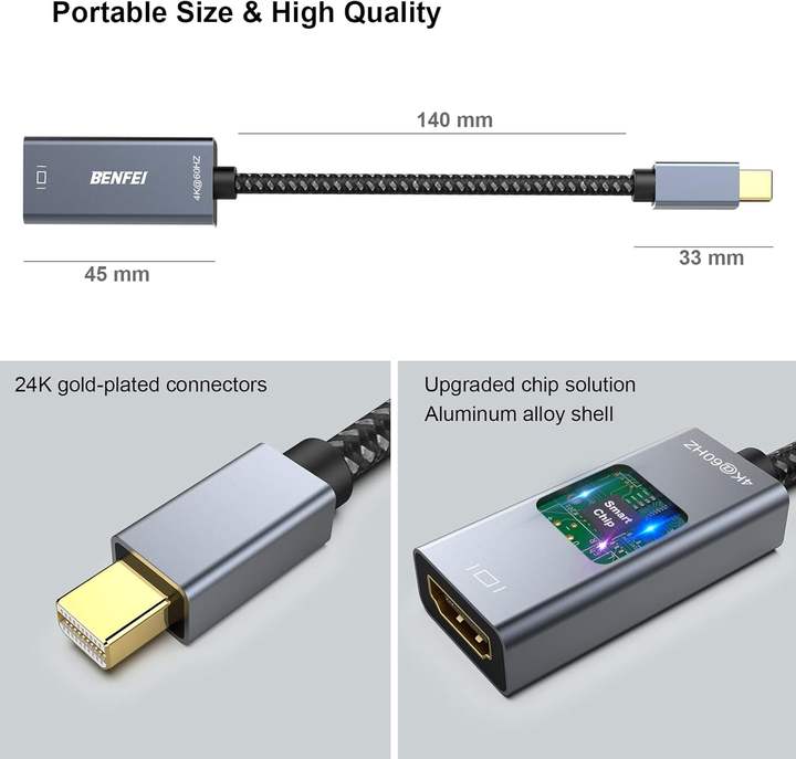 BENFEI Mini DisplayPort to HDMI Adapter 4K@60Hz, Thunderbolt 2 to HDMI Adapter Gold-Plated Connectors; Aluminium Case Export Wholesale