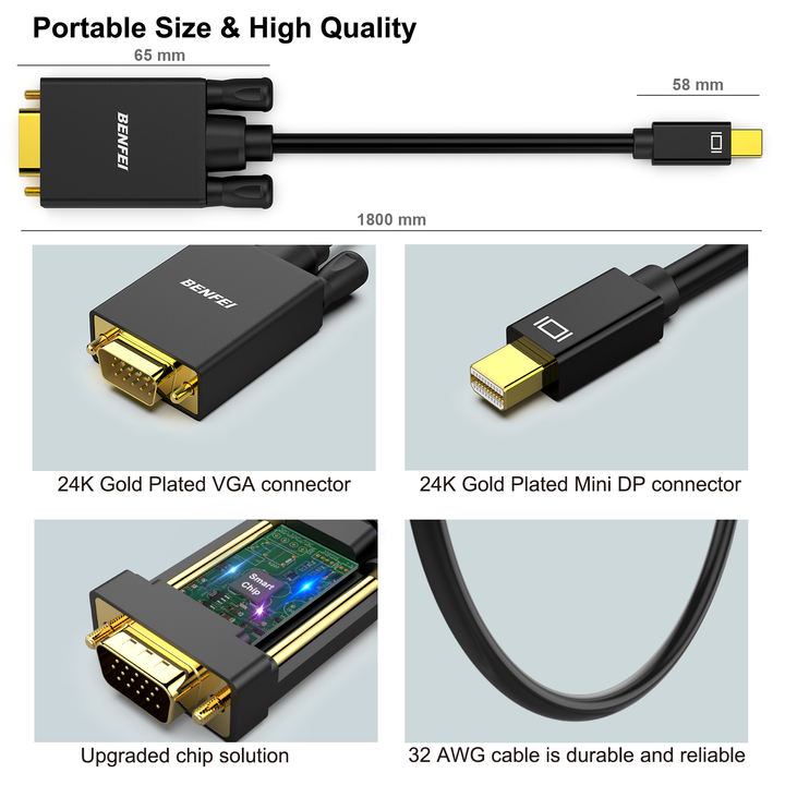 BENFEI Mini DisplayPort to VGA 6 Feet/ 1.8 Meter Cable, Mini DisplayPort to VGA Cable (Thunderbolt 2 Compatible) China Production Hub