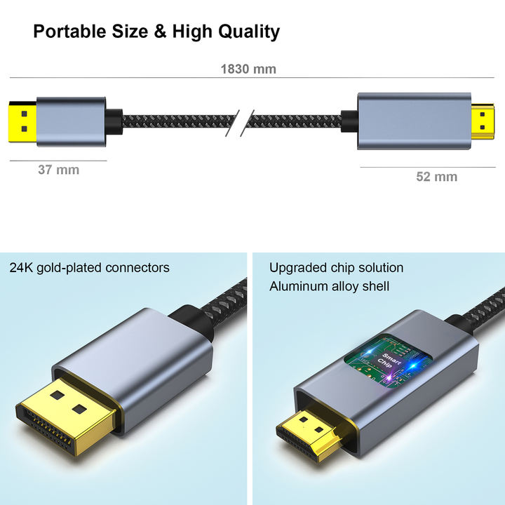 Customize DisplayPort to HDMI 1.8 Meter Cable, Aluminum Case Nylon Cable, Uni-Directional DP to HDMI Cable Chinese Wholesale Supplier