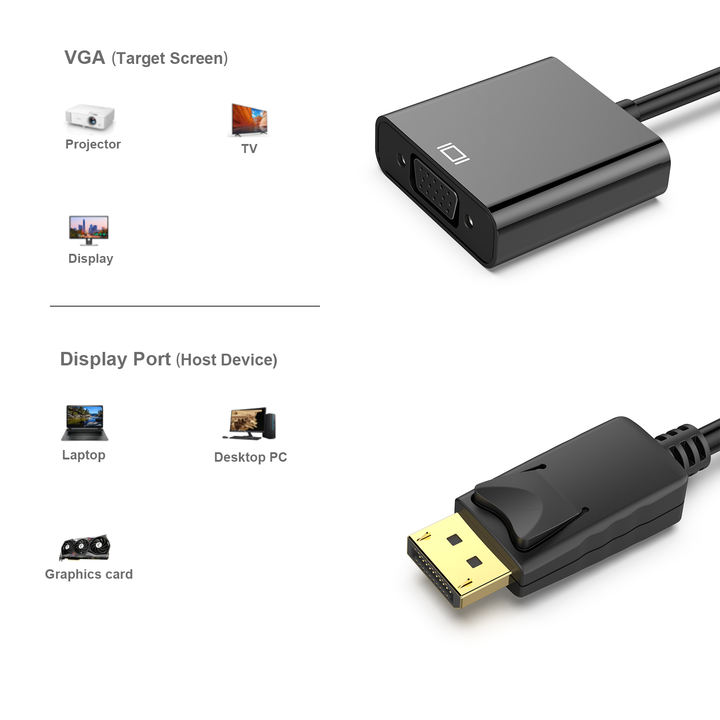 Customize DisplayPort to VGA, Gold-Plated DP to VGA Adapter Male to Female Compatible for Laptop or PC