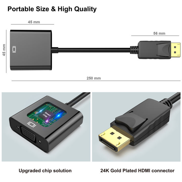 Customize DisplayPort to VGA, Gold-Plated DP to VGA Adapter Male to Female Compatible for Laptop or PC