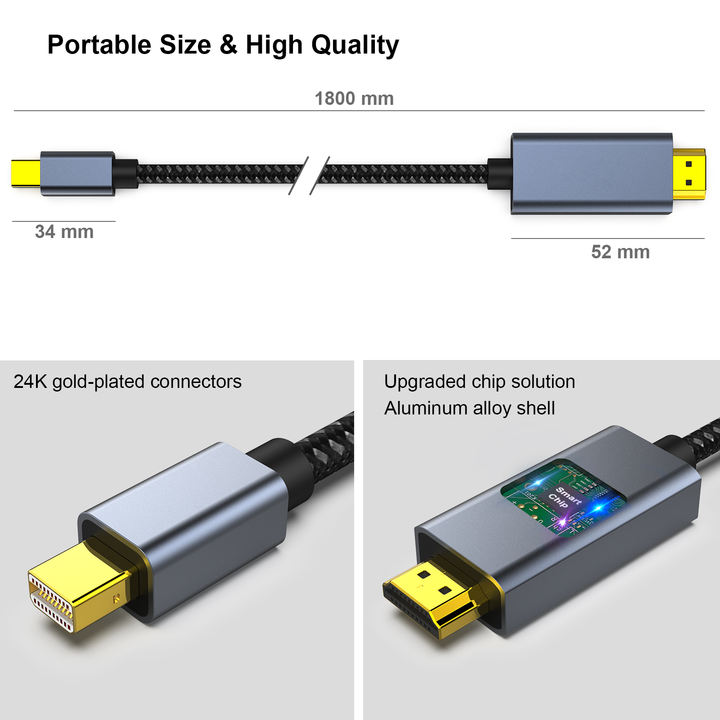 Customize Mini DisplayPort to HDMI 1.8 Meter Cable 4K@30Hz, Aluminum Shell, Nylon Braided Wholesale B2B Pricing Pricing