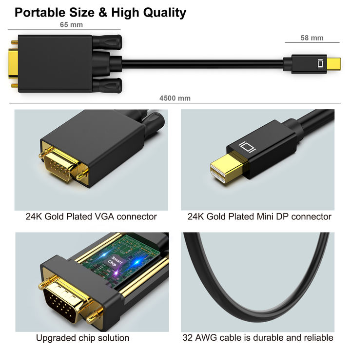 Customize Mini DisplayPort to VGA 6 Feet/ 1.8 Meter Cable, Mini DisplayPort to VGA Cable Factory Pricing Export