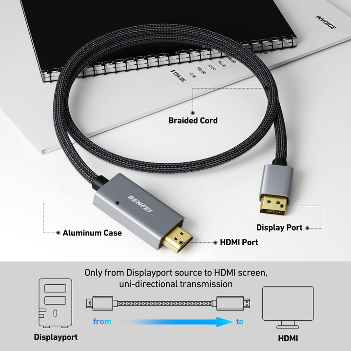 DisplayPort to HDMI 0.9 Meter Cable, Aluminum Case Nylon Cable, Uni-Directional DP to HDMI Cable Industrial Bulk Supply