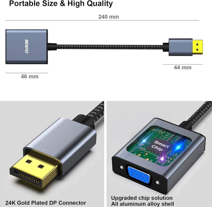 DisplayPort to VGA, Benfei DisplayPort to VGA Adapter Male to Female Gold-Plated Cord, Aluminum Case Industrial Wholesale