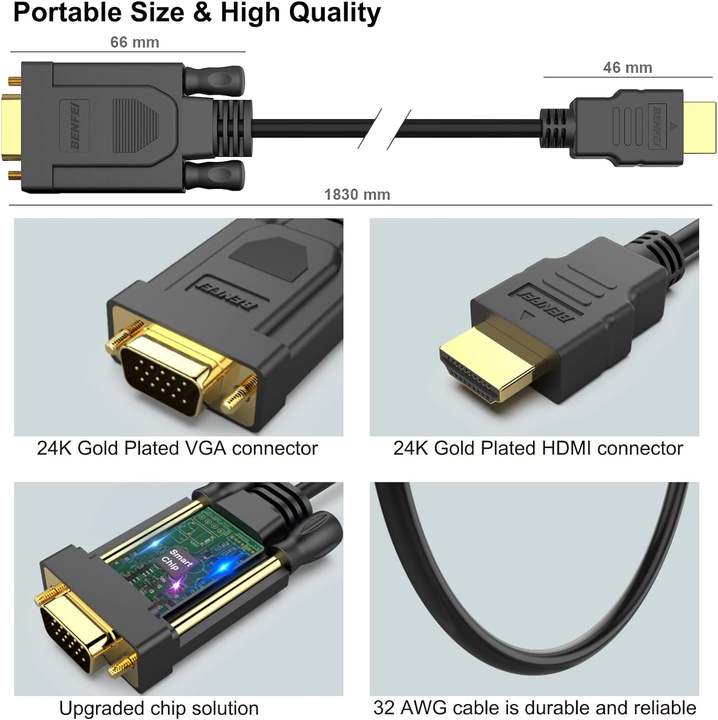 BENFEI HDMI to VGA 1.8Meter Cable, Uni-Directional HDMI to VGA Cable (Male to Male) Compatible for Computer, Desktop, Laptop, PC Quality Manufacturing Direct